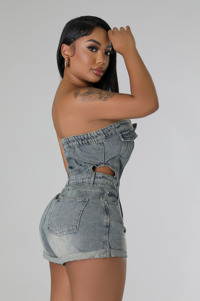 EVE Fashion Tube Top Hollow Out Denim Romper LX-6984