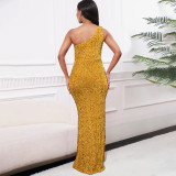 EVE Slant Shoulder Split Sequin Gowns Long Dress GMLF-3288