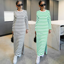 EVE Stripe Print Long Sleeve Split Maxi Dress SFY-515