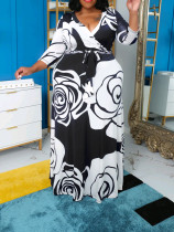 EVE Plus Size Print V Neck Belt Maxi Dress GAWE-6292