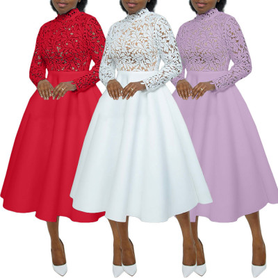 EVE Midi High Neck Lace Petal Patchwork Midi Dress BGN-0013