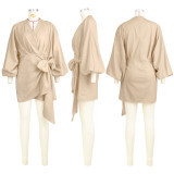 EVE Fashion V-neck Tie Up Long-sleeve Mini Dress ASL-6739