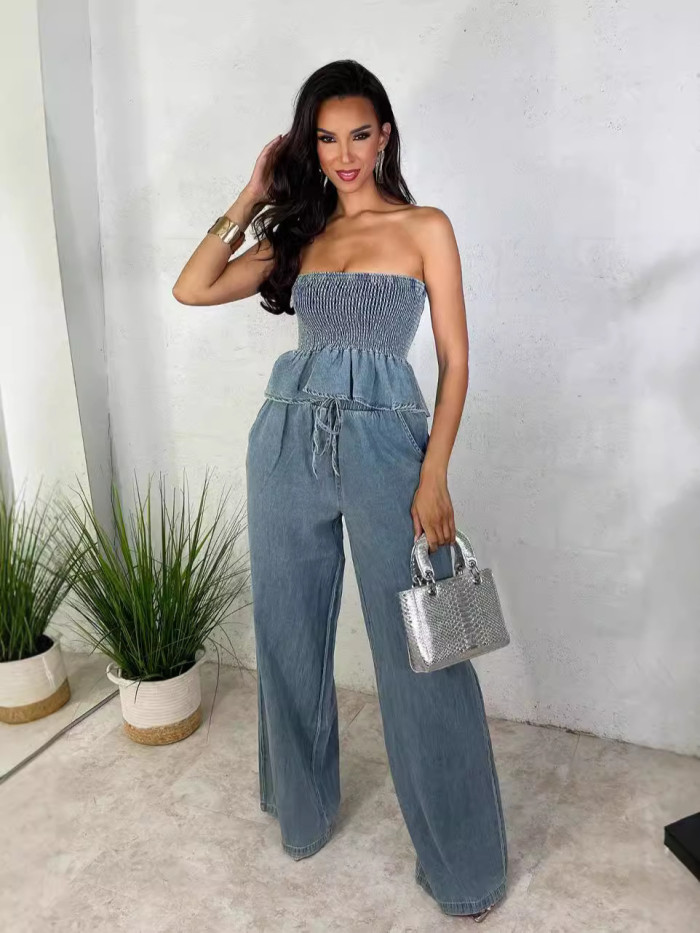 EVE Casual Ruffle Wrap Chest Wide Leg Pants Denim Suit YMEF-52015