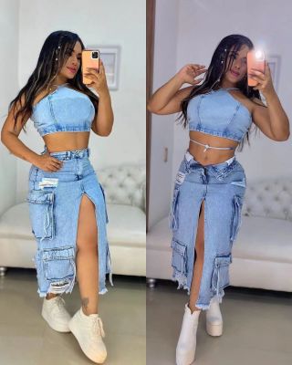 EVE Fashion Multi-pockets Holes Split Denim Long Skirt OD-8696