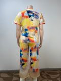 EVE Plus Size Short Sleeve Loose Print Two PIece Pants Set GAWE-6200