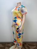 EVE Plus Size Short Sleeve Loose Print Two PIece Pants Set GAWE-6200