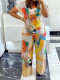 EVE Plus Size Short Sleeve Loose Print Two PIece Pants Set GAWE-6200