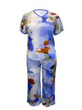 EVE Plus Size Short Sleeve Loose Print Two PIece Pants Set GAWE-6200