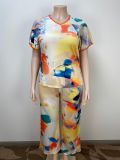 EVE Plus Size Short Sleeve Loose Print Two PIece Pants Set GAWE-6200