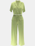 EVE Solid Color Short Sleeve Shirt Two Piece Pants Set HNIF-2411