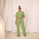 EVE Solid Color Short Sleeve Shirt Two Piece Pants Set HNIF-2411