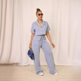 EVE Solid Color Short Sleeve Shirt Two Piece Pants Set HNIF-2411