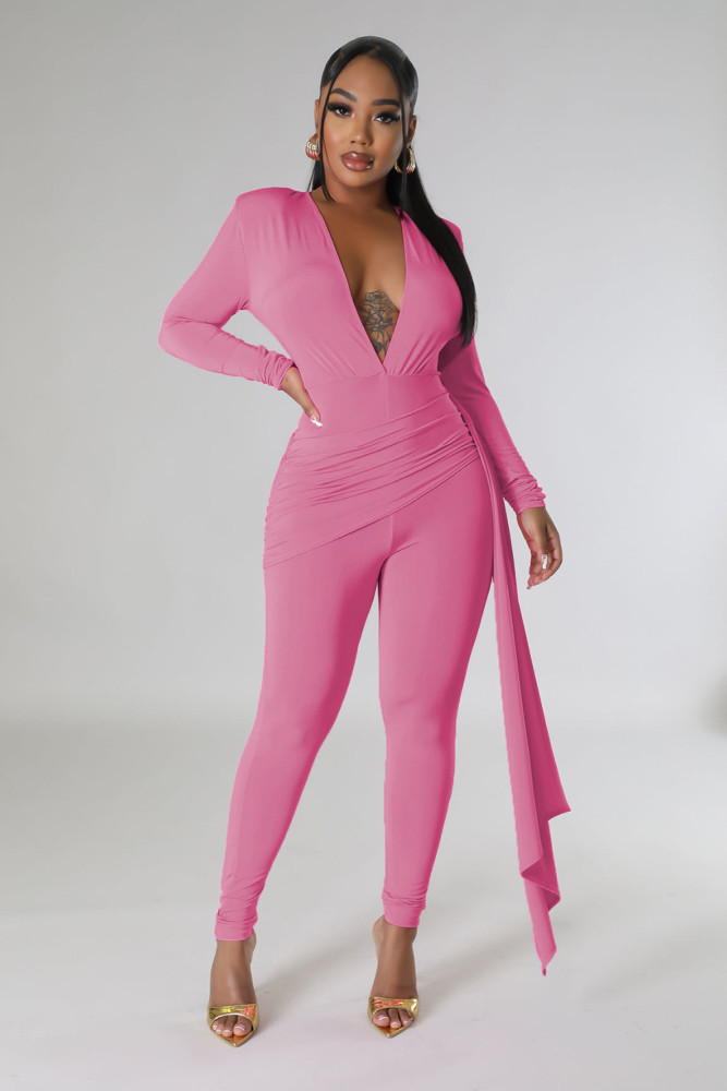 EVE Solid Color Deep V-Neck Jumpsuit Set HNIF-2416