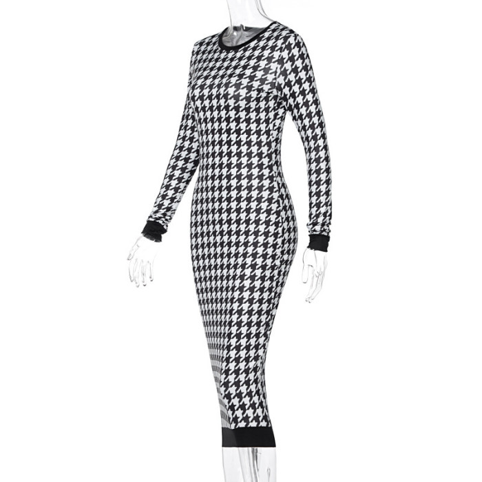 EVE Long Sleeve Hollow Out Houndstooth Print Dress HNIF-208