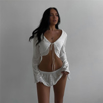 EVE Sexy Tie Cardigan Solid Color Shorts Set XEF-51714