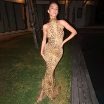 EVE Backless Hang Neck Leopard Print Dress XEF-50444