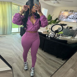 EVE Long Sleeve Zipper Solid Color Two Piece Pants Set XEF-51552