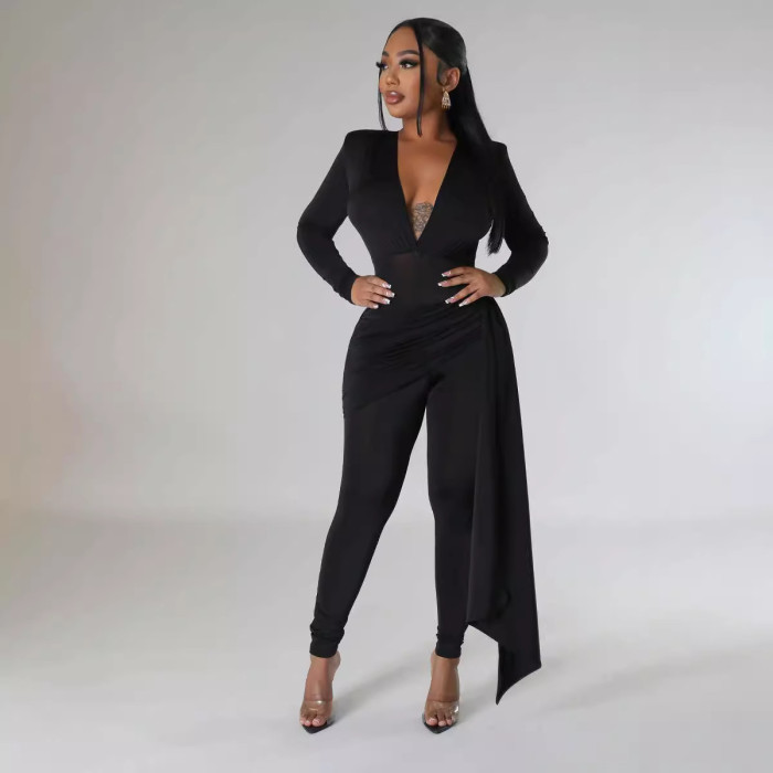 EVE Solid Deep V Neck Tight Jumpsuit SFY-2782