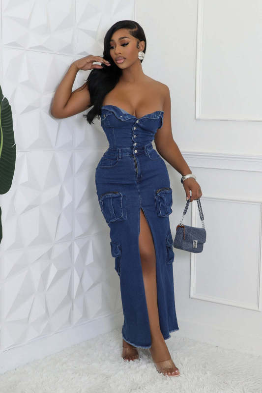 EVE Sexy Tube Top Strapless Split Denim Dress LX-6019