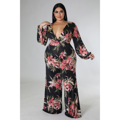 EVE Plus Size Print Tie Up Wide Leg Jumpsuit ASL-7092
