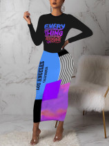EVE Letter Print Patchwork Long Sleeve Midi Dress SFY-2476