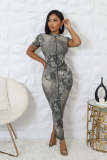 EVE Black White Ink Print Short Sleeve Long DressTE-4687