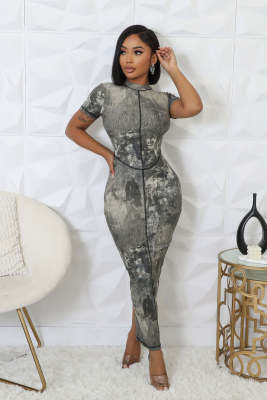 EVE Black White Ink Print Short Sleeve Long DressTE-4687
