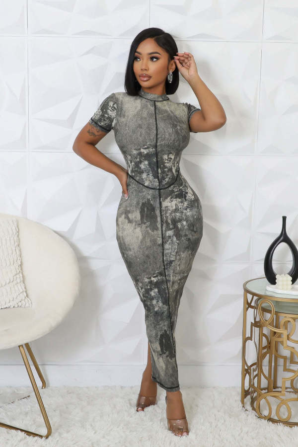 EVE Black White Ink Print Short Sleeve Long DressTE-4687