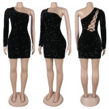 EVE Slash Shoulder Long Sleeve Tie Up Sequin Dress NY-3221