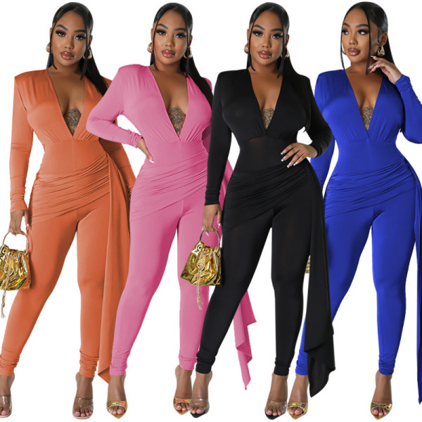 EVE Solid Deep V Neck Tight Jumpsuit SFY-2782