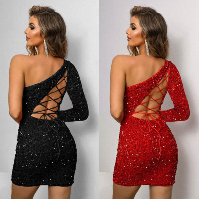EVE Slash Shoulder Long Sleeve Tie Up Sequin Dress NY-3221