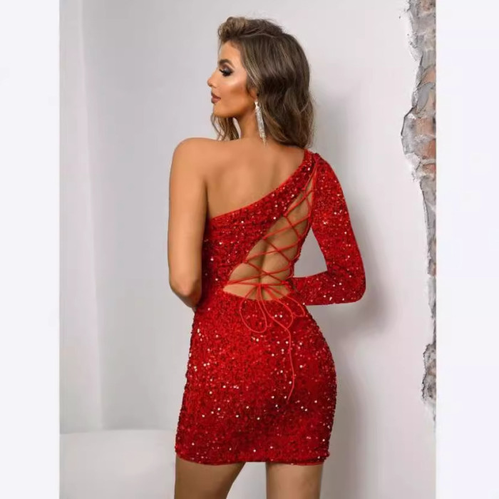 EVE Slash Shoulder Long Sleeve Tie Up Sequin Dress NY-3221