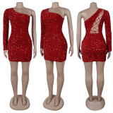 EVE Slash Shoulder Long Sleeve Tie Up Sequin Dress NY-3221