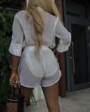 EVE Solid Color See Through Long Sleeve Shirt Shorts Set ZSD-0700
