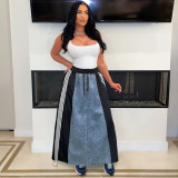 EVE Striped Loose Denim Color Block Half Body Skirt ZSD-0697