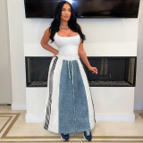 EVE Striped Loose Denim Color Block Half Body Skirt ZSD-0697