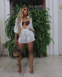 EVE Solid Color See Through Long Sleeve Shirt Shorts Set ZSD-0700