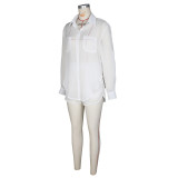 EVE Solid Color See Through Long Sleeve Shirt Shorts Set ZSD-0700