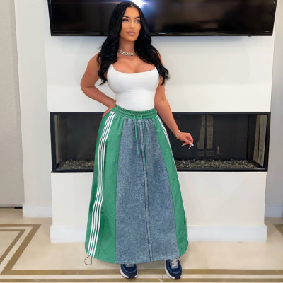 EVE Striped Loose Denim Color Block Half Body Skirt ZSD-0697