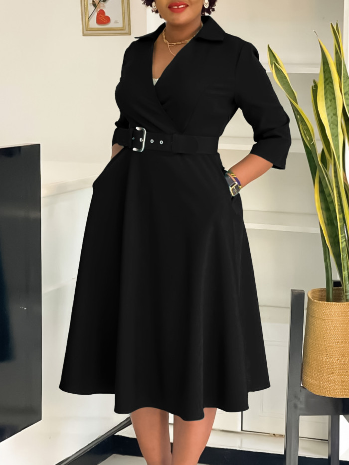 EVE Solid Color 3/4 Sleeve Lapel Midi Dress GMLF-3290