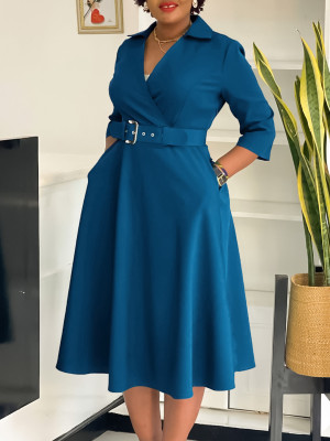 EVE Solid Color 3/4 Sleeve Lapel Midi Dress GMLF-3290