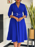 EVE Solid Color 3/4 Sleeve Lapel Midi Dress GMLF-3290
