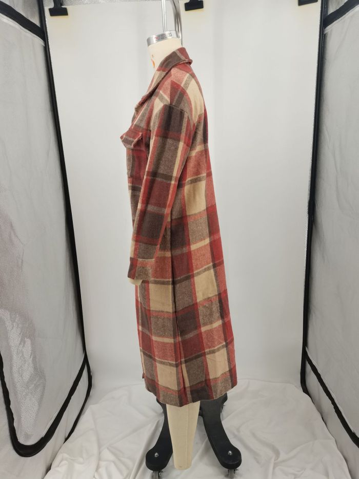 EVE Long Sleeve Plaid Print Loose Long Coat XMF-373