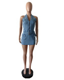 EVE Fashion Halter Zipper Backless Denim Romper MEM-88592