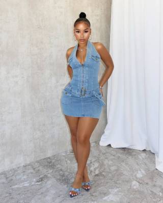 EVE Fashion Halter Zipper Backless Denim Romper MEM-88592