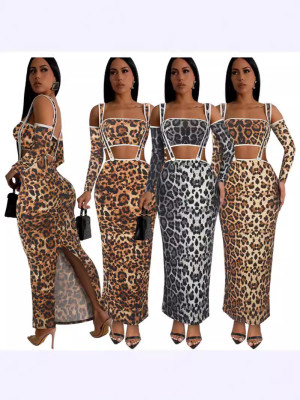 EVE Leopard Print Long Sleeve Sling Two Piece Pants Set MZ-2863