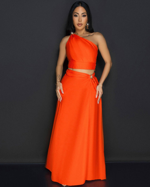 EVE Slash Shoulder Split Sleeveless Two Piece Skirts Set NY-10865