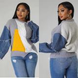 EVE Loose Color Block Patchwork Jeans Sleeve Sweater OD-8703