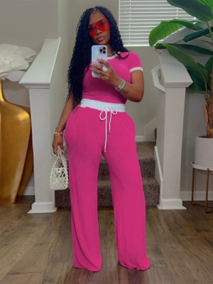 EVE Ribbed Contrast Color Short Sleeve Pants 2 Piece Set MIL-033