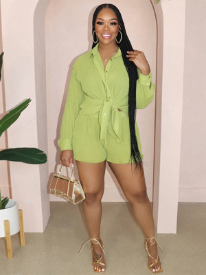 EVE Solid Color Loose Lapel Shirt Two Piece Shorts Set MIL-012